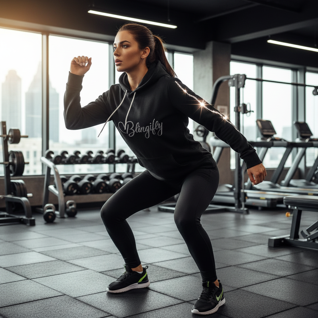 Woman working out in Blingifly hoodie