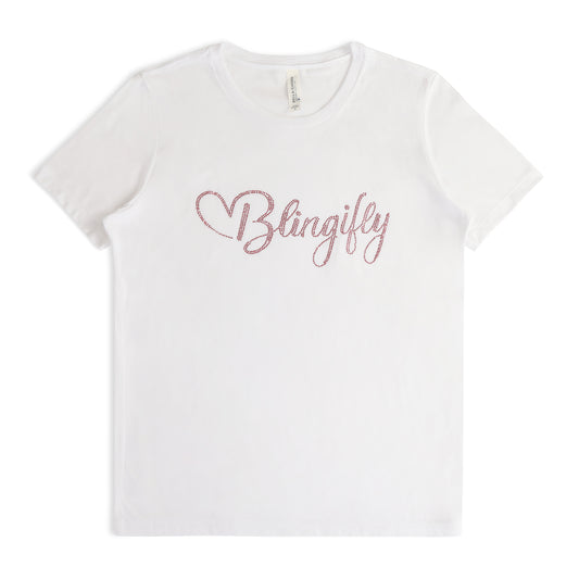 Blingifly Classic Bling White Tee with Pink Rhinstones Logo