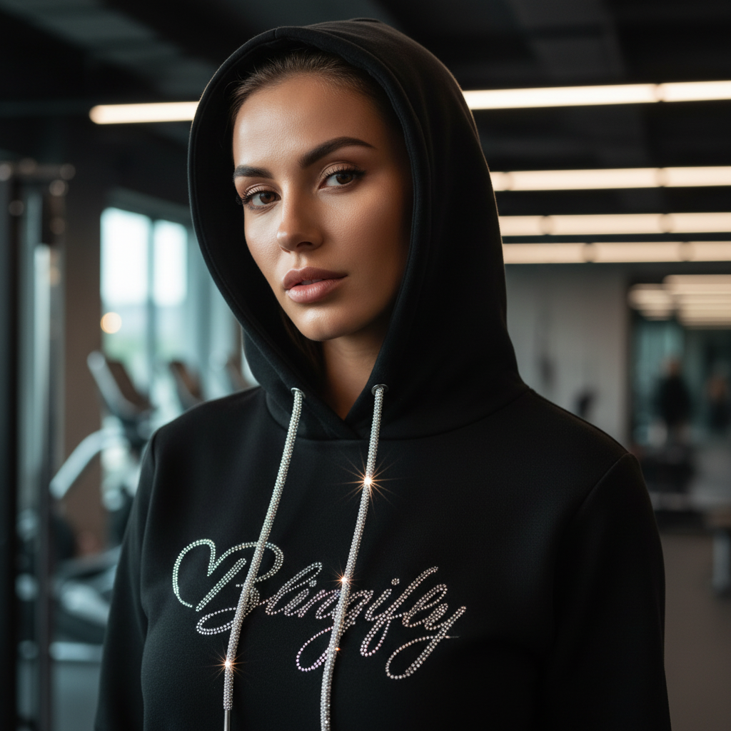 Close-up of rhinestone drawstrings and logo