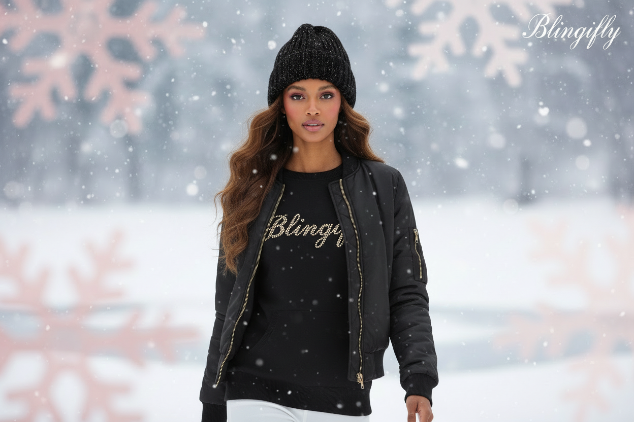 Create a complete 45-second YouTube-style fashion commercial featuring Mia in a snowy winter setting. Mia is a slim, mixed-race model with golden-brown skin, long wavy hair, soft natural makeup, and a confident presence. She is wearing a Blingifly winter hoodie with the rhinestone Blingifly logo spelled exactly as Blingifly — clear, centered, and sparkling.

Scene 1 — (0–5 sec)
Wide cinematic shot. Mia walks toward the camera through gently falling snow. Soft music begins. A subtle title appears: ‘Blingifly