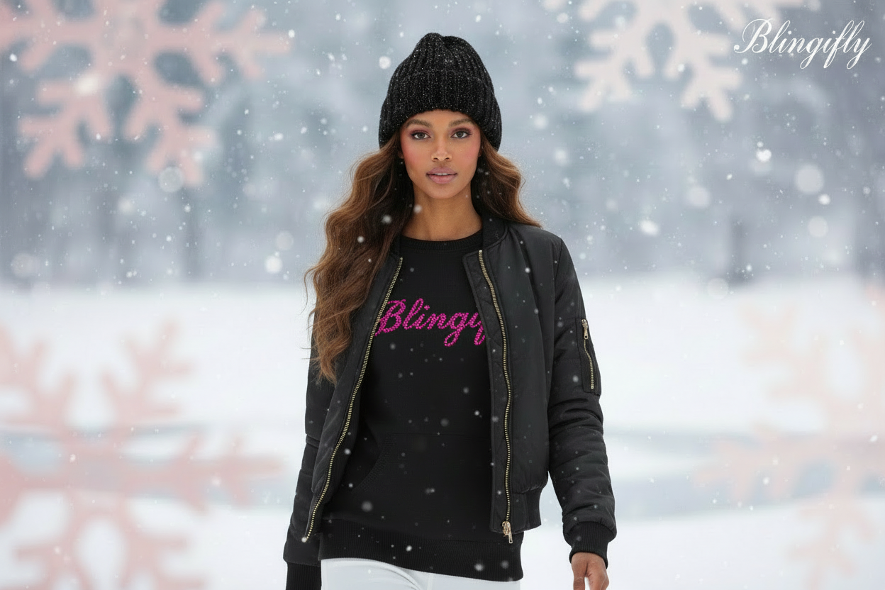 Crop Sweatshirt Black w/Pink Rhinestones