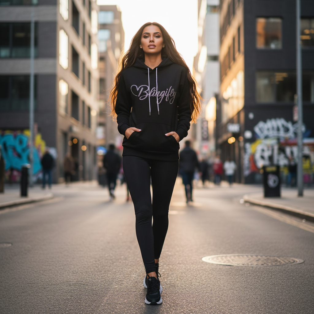 Street style Blingifly hoodie with rhinestone drawstrings